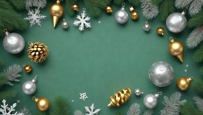 The primary subject of the image is a green table with a variety of Christmas ornaments and decorations on it. The table is adorned with gold, silver, and white ornaments, creating a festive and colorful display. The setting is indoors, likely in a home or a holiday-themed event. The visual style of the image is a combination of digital art and illustration, showcasing the intricate details of the ornaments and the overall festive atmosphere. The colors and mood of the image